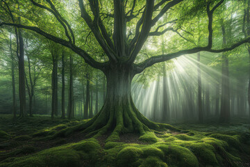 Obraz premium An Enchanting Old Forest With Sun Rays Illuminating Majestic Trees in a Mystical Atmosphere