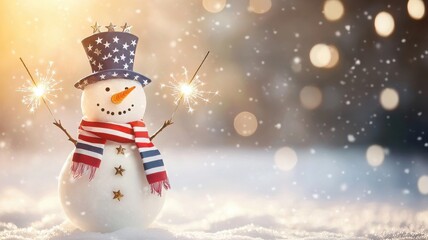Cheerful snowman with a festive hat and sparklers, surrounded by falling snowflakes.