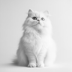 Elegant Persian Cat Portrait, showcasing a full-body view of a fluffy, flat-faced cat against a pristine white background, emphasizing its luxurious coat.