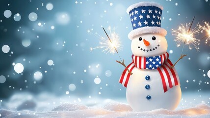 Fototapeta premium Cheerful snowman celebrating with sparklers on a snowy background.
