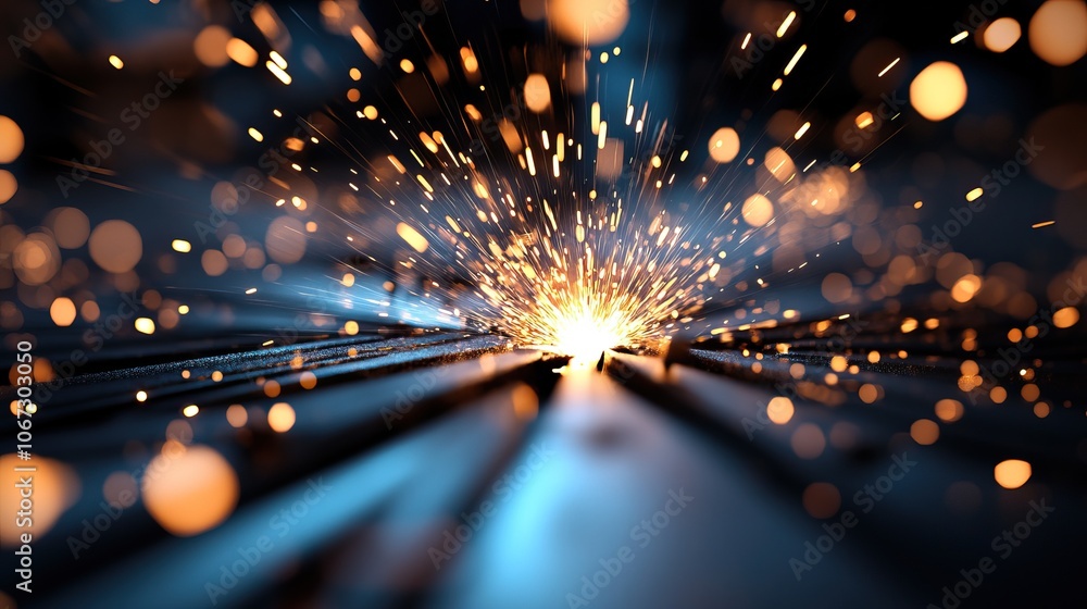 Poster a dynamic image showcasing bright sparks flying from a central point, illuminated against a dark bac