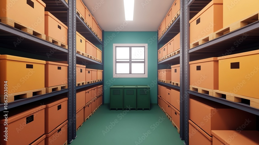 Poster a brightly colored storage room lined with orange boxes on shelves and a window, creating a neat and