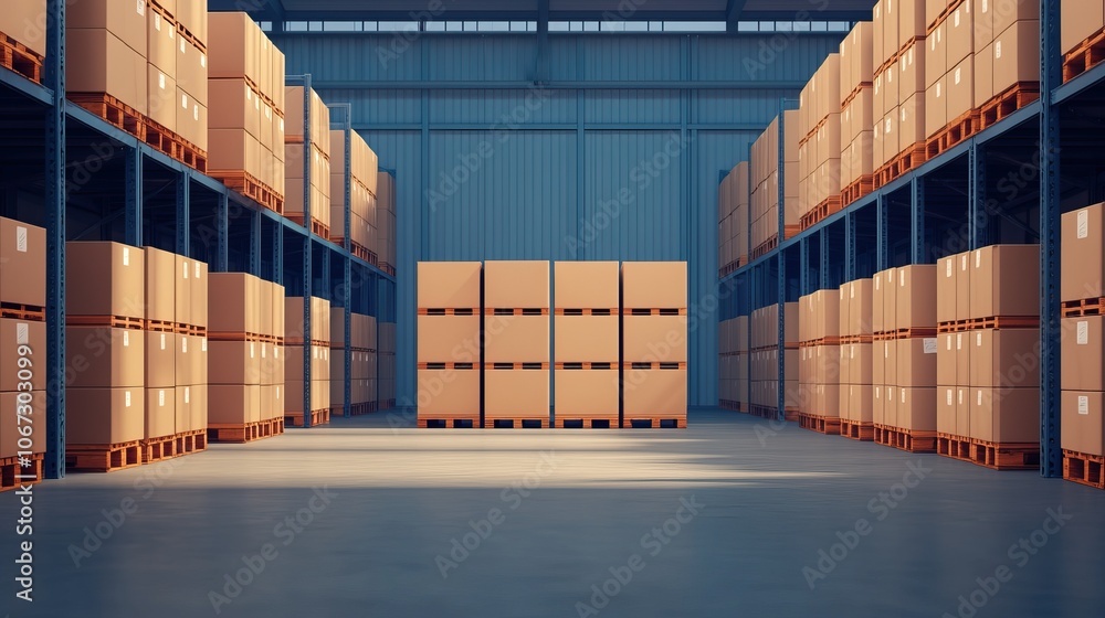 Poster a spacious warehouse filled with neatly arranged boxes on shelves, showcasing an organized storage e