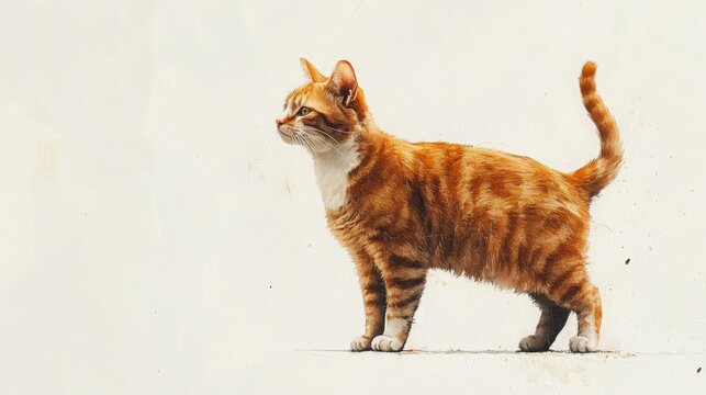 Pixiebob Cat in Profile, Full-body view of a calm Pixiebob cat with a bobbed tail, sturdy build, white background, ample space for text