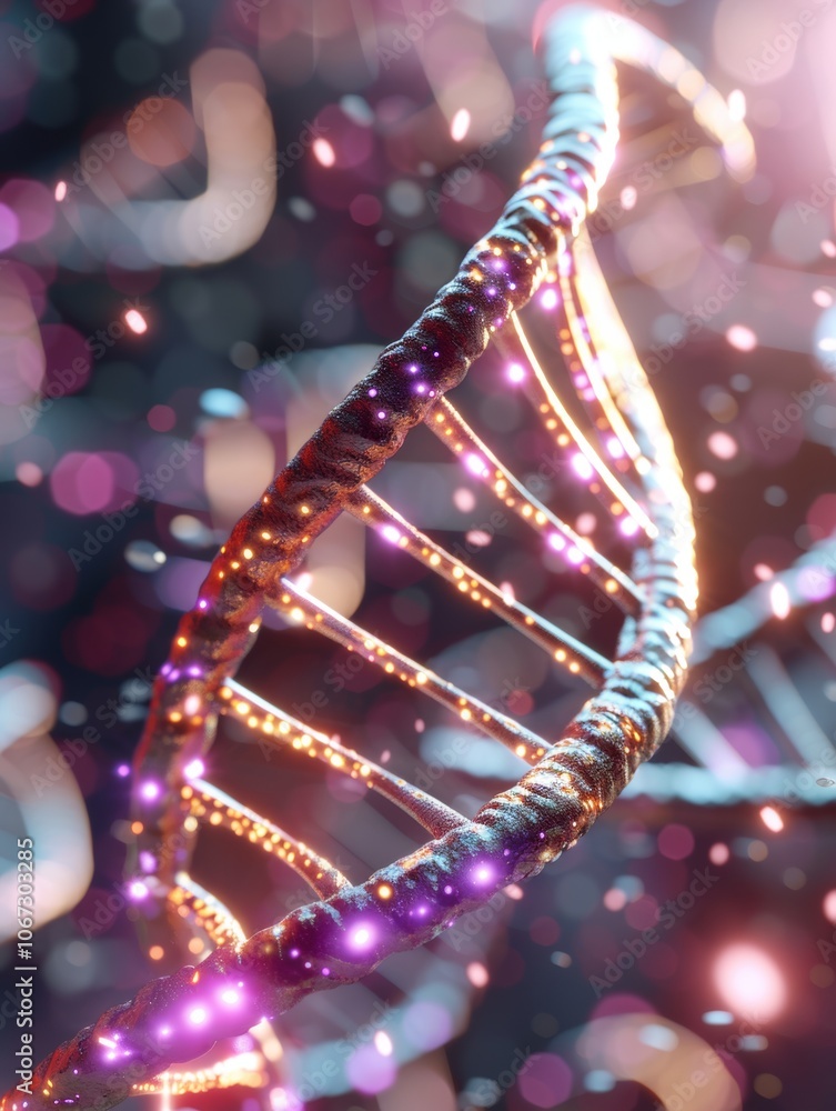 Aufkleber glowing dna double helix surrounded by abstract light particles.