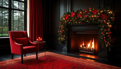 A cozy, festive living room featuring a fireplace adorned with garlands and lights, a red chair, and a warm, inviting atmosphere.