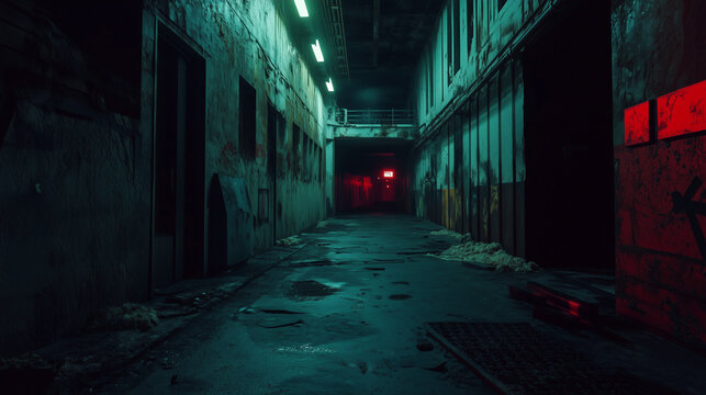 A dimly lit, decayed hallway with red exit sign and industrial design, evoking a haunting, cinematic atmosphere - Powered by Adobe