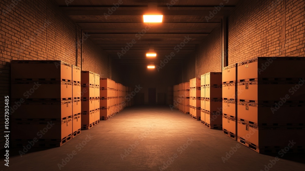 Poster a dimly lit warehouse corridor lined with stacked wooden boxes, creating a sense of depth and storag