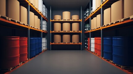 A well-organized warehouse storage area featuring shelves filled with various colored barrels and containers.
