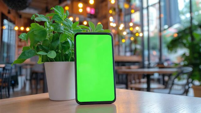 A smartphone stands on a wooden table with a blank gren screen, illuminated by warm cafe lights and surrounded by greenery