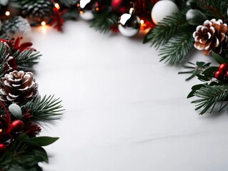 Fototapeta premium A festive arrangement of pine needles, pinecones, and ornaments, creating a seasonal border on a smooth white surface.