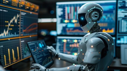 Fototapeta premium Futuristic Robot Analyzing Data on Multiple Screens in a High-Tech Control Room