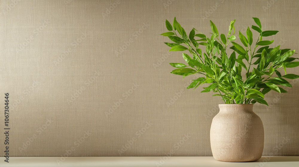 Poster serene backdrop of hemp fabric with subtle pattern and vase filled with lush greenery