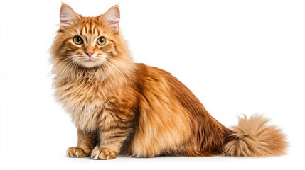 Fototapeta premium Turkish Angora Cat in Poised Stance, Elegant Long Fur, White Background, Ideal for Text Placement on Right Side