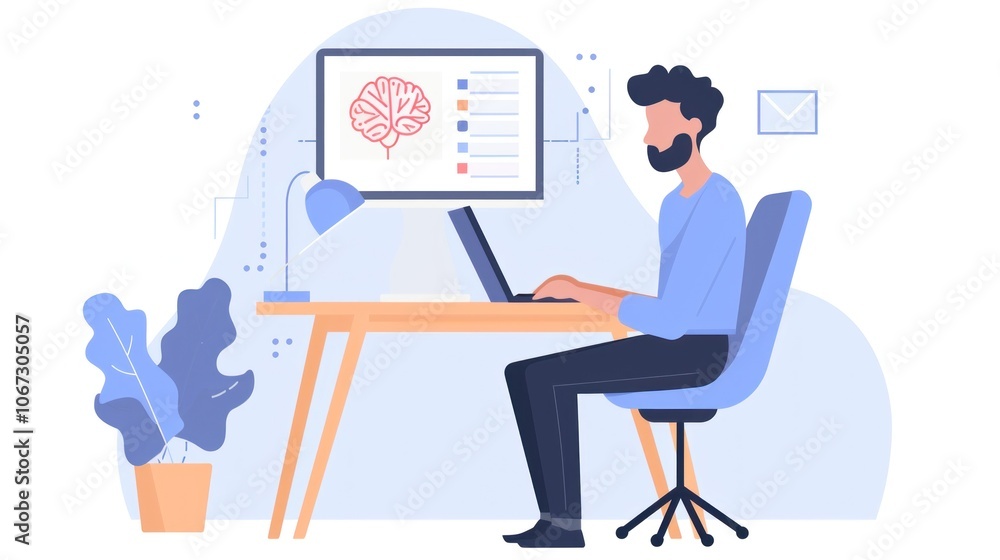Aufkleber man working on laptop at desk with brain diagram on screen in minimalist office setting