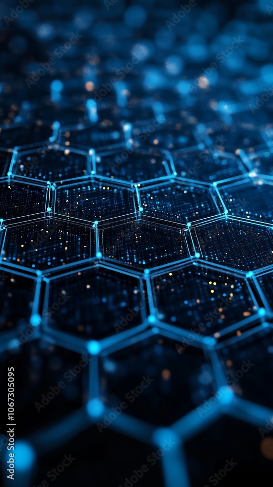 Poster a close-up view of a futuristic hexagonal pattern glowing with blue light, showcasing a network of i