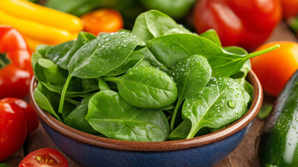 Fresh baby spinach leaves glisten in vibrant bowl, surrounded by colorful vegetables