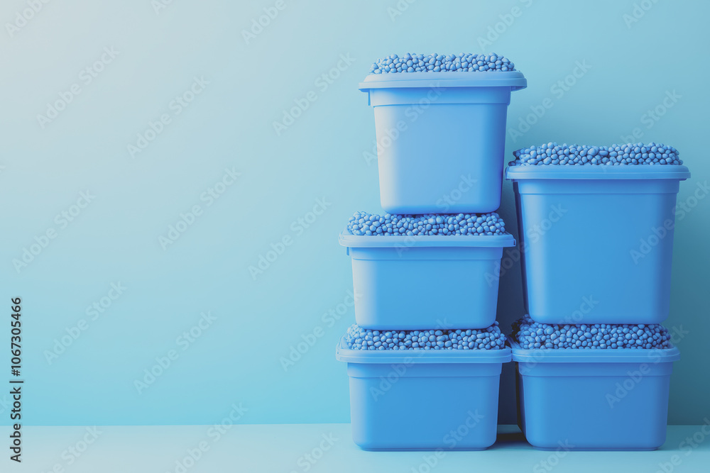 Poster stacked blue storage containers with textured lids