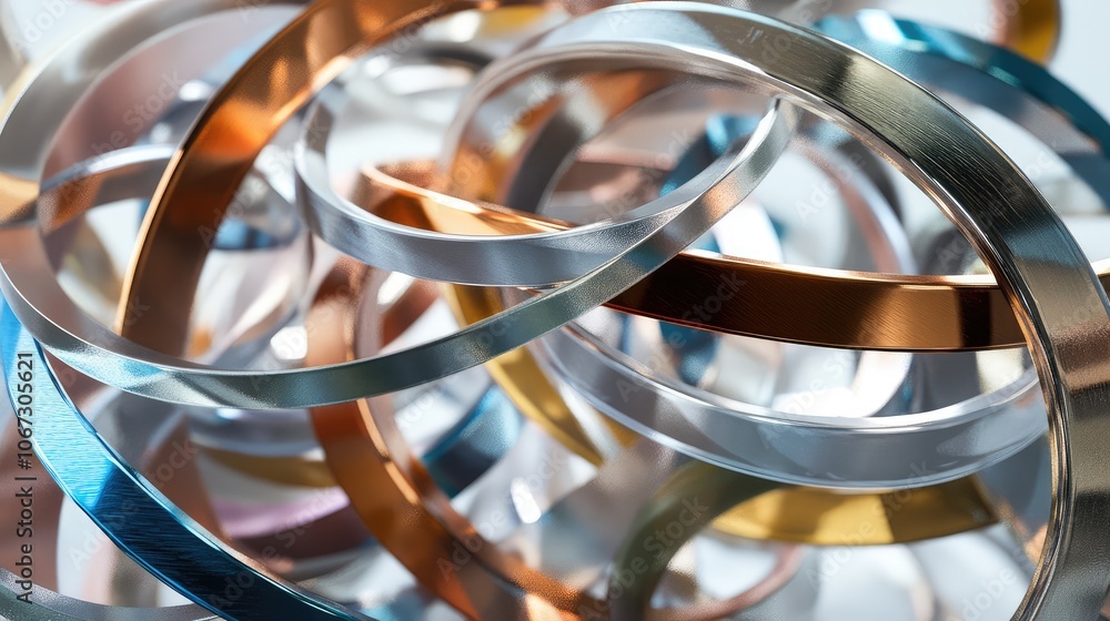 Poster abstract ornament composed of layered rings of various metallic hues, floating and intersecting in m