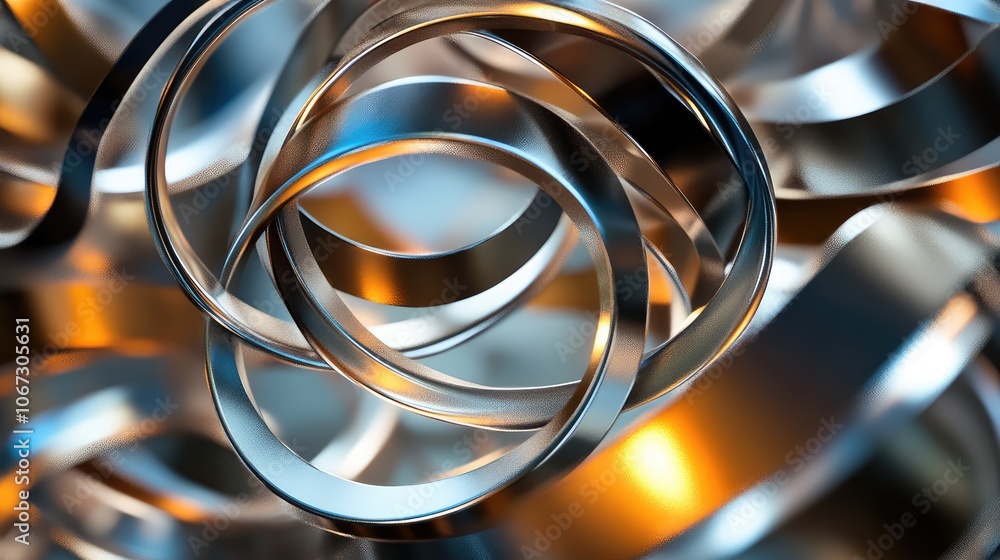 Poster abstract ornament composed of layered rings of various metallic hues, floating and intersecting in m