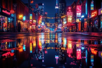 Fototapeta premium lively city street at night bursting with colorful lights and bustling activity reflections in puddles create an urban tapestry embodying the vibrant life of the city