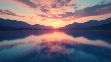 Obraz premium Majestic Sunrise Over Serene Mountains Reflecting in Calm Waters