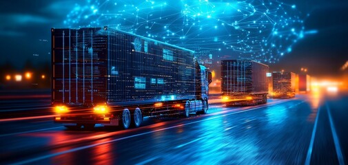 Satellite view of freight trucks with data tags, real-time tracking overlaid, global supply chain management