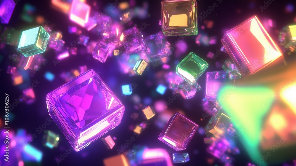 Poster colorful floating crystal cubes scattered in a dark background creating a mesmerizing digital effect