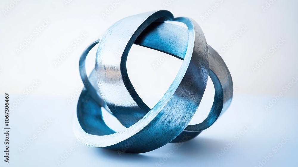 Poster minimalist ornament design with metallic rings intersecting to form a unique, abstract shape in silv