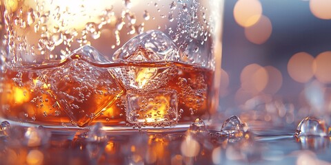 Close-up view of a drink with ice cubes, showcasing bubbles and reflections, perfect for beverage advertising and lifestyle themes.