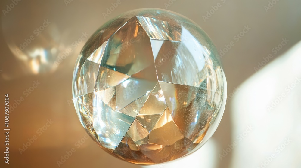 Poster transparent sphere with floating geometric shapes inside, casting soft reflections and a festive shi