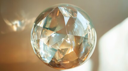 Transparent sphere with floating geometric shapes inside, casting soft reflections and a festive shimmer.