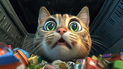 Astonished cat peeks out from a pile of colorful toys and objects, AI