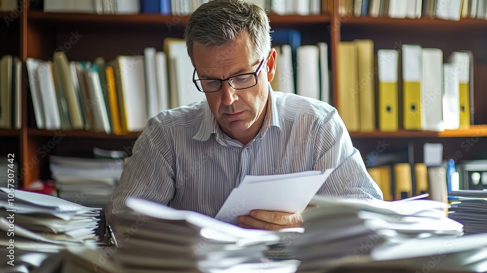 Poster writer reviewing and editing technical documents in a quiet office.