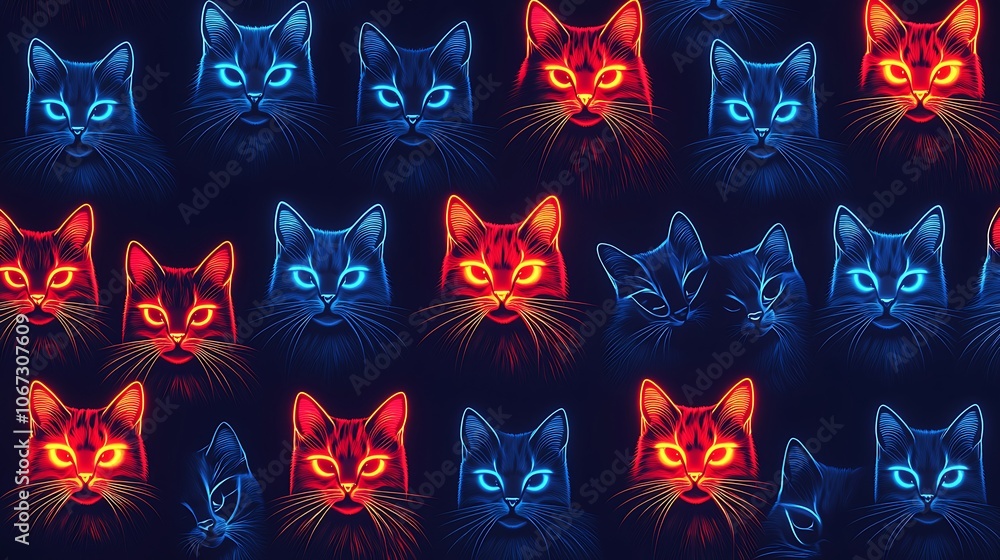 Poster colorful neon cat pattern for background and design