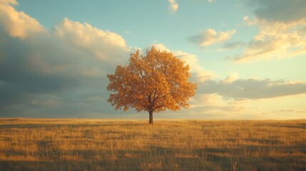Lone tree silhouetted against a golden sky, expansive field beneath a dramatic cloudscape, serene and captivating landscape scene
