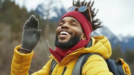 Happy Man Hiking In Winter With Mountain View