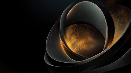 Close-up of abstract 3D shapes with curved layered patterns in warm tones on black background, Ai Generation