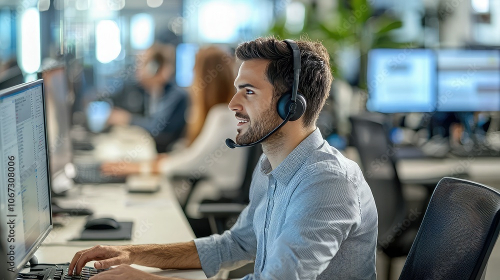 Poster sales representative making cold calls with a headset in a busy office.