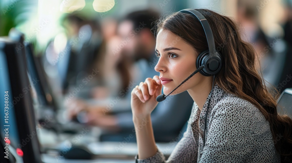 Poster sales representative making cold calls with a headset in a busy office.