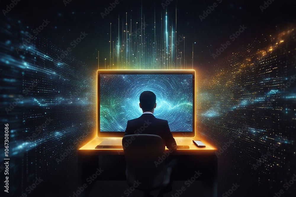 Wall mural man surfing the internet. virtual space, digital technologies, big data processing. futuristic techn