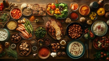 A vibrant spread of diverse foods arranged for a feast.
