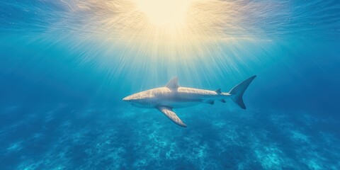 Shark swimming underwater with sunbeams