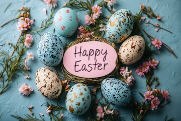 Obraz premium Easter eggs and spring flowers on blue background
