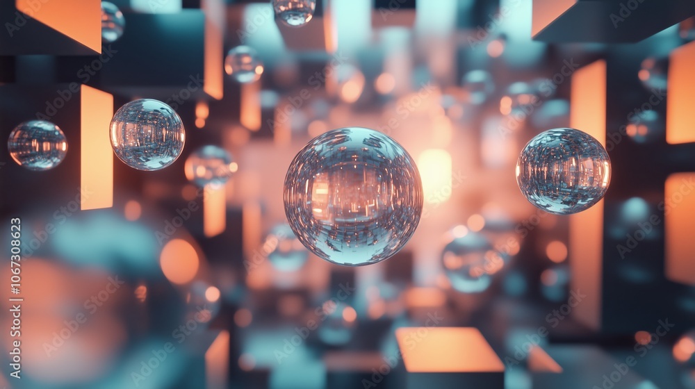 Poster abstract visual of floating spheres in a futuristic environment with glowing cubes, creating a capti