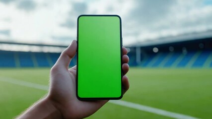 Person displays a smartphone with a green screen at a sports venue, surrounded by empty seats at a soccer stadium under a cloudy sky