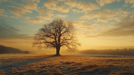 Fototapeta premium Golden hour glow, majestic silhouette of a gnarled tree standing tall in a serene snowy landscape, evoking tranquility and solitude