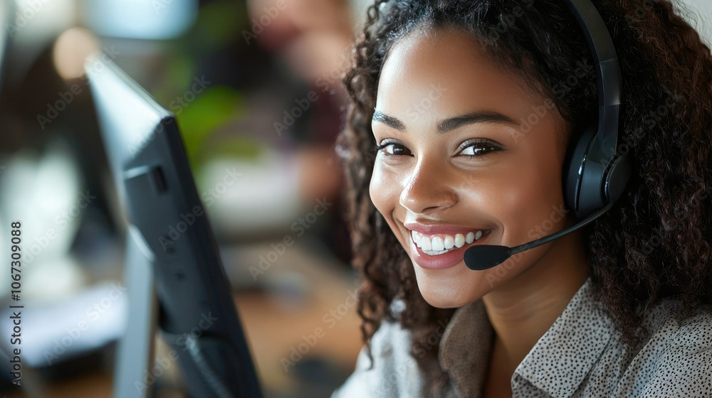 Poster customer service representative assisting a customer over the phone with a smile.