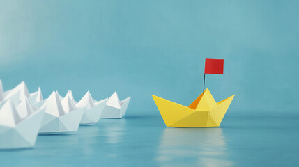 Leadership Concept with Paper Boats. Set of colorful origami ships on a blue background. Business competition, Leadership concept with yellow paper ship leading among white.
