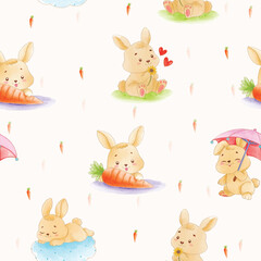 Seamless pattern of adorable cartoon rabbits with carrots in various playful poses.